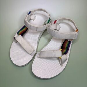 Teva Original Universal Pride sandal in white with rainbow accents women size 7